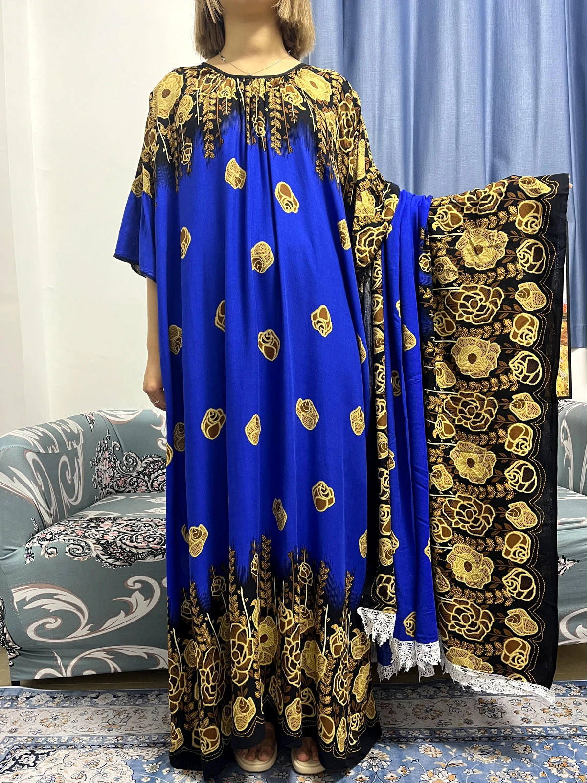 Muslim Dress For Women Dubai Turkey Islam Djellaba Abayas 2023 Embroider Loose Dresses Round Neck African With Big Lace Scarf