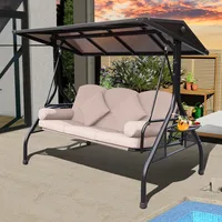 Outdoor Porch Swing 3 Person with Hardtop, 2 Side Cup Holder, Convertible Backrest, Cushion, 2 Pillows, Outdoor Swing 1