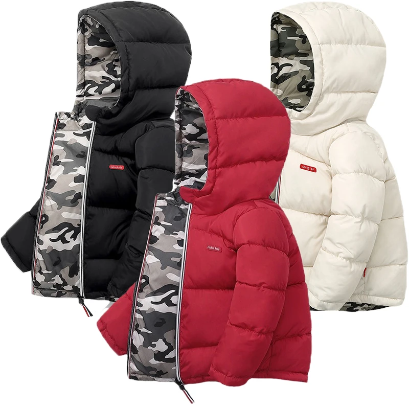 New Winter Boys Jackets Thicken Keep Warm Double-Sided Wear Hooded Kids Coat For 3-10 Years Children Outerwear