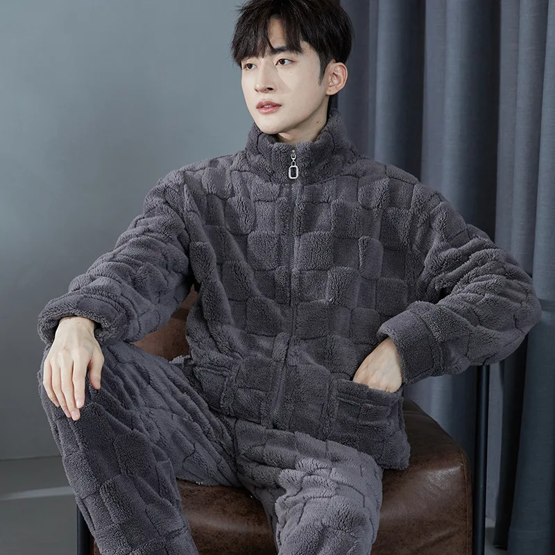 Sleepwear Pyjamas Autumn Winter Men Pajamas Sets Zipper Long Sleeve Warm Flannel Loungewear Sets Thick Korean Fashion Clothing