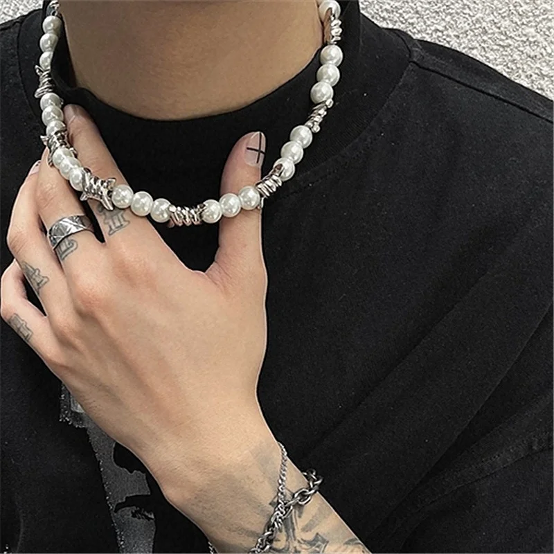 

Thorns Imitation Pearl Necklace Men and Women Tide Brand Ins Hip Hop Personality Rap Necklace