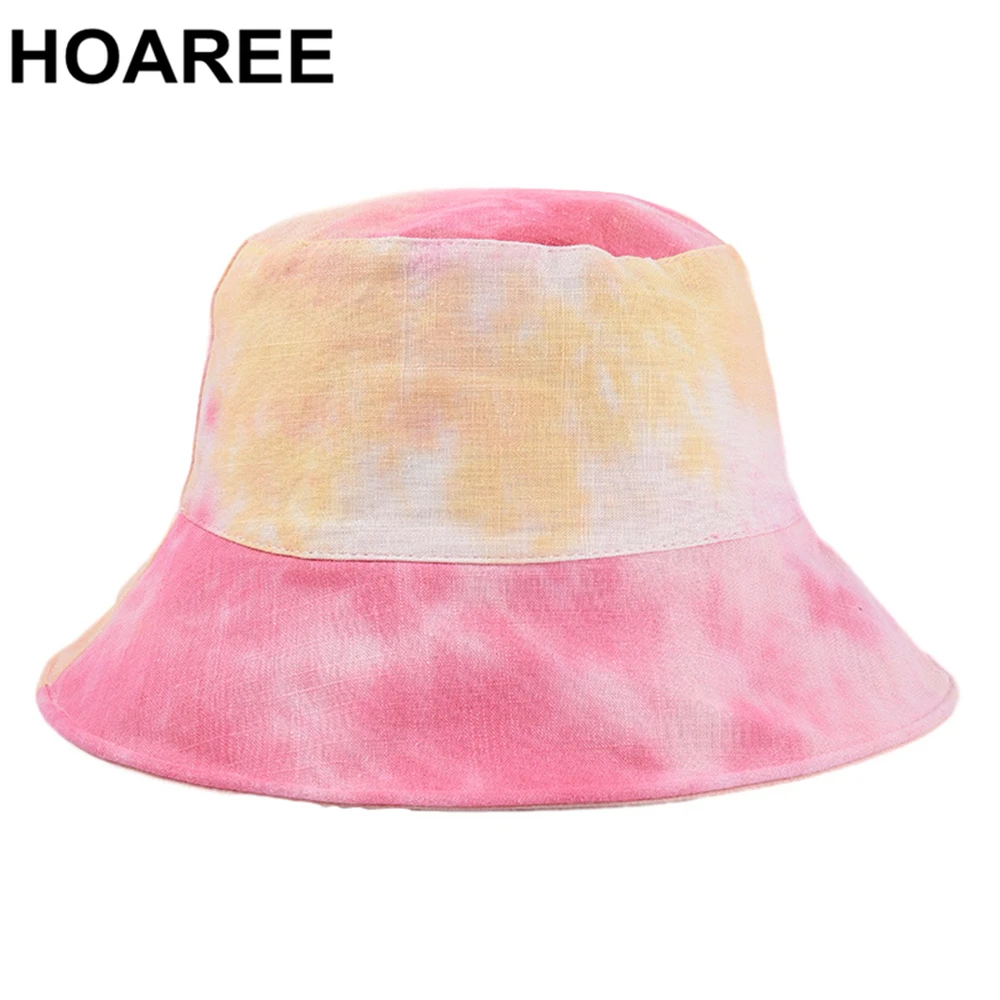 

HOAREE Pink Women Tie Dye Bucket Hat Double-sided Reversible Spring Summer Fishing Hat Cap Vintage Wide Brim Ladies Floppy Cap