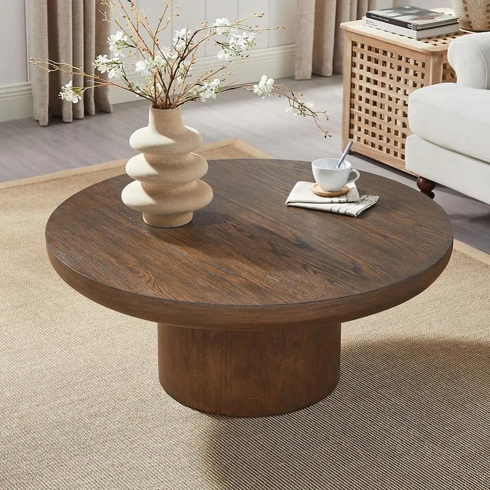Round Wood Coffee Table for Living Room Modern Circle Coffee Table Pedestal Center Table for Apartment, Easy Assembly Brown 3