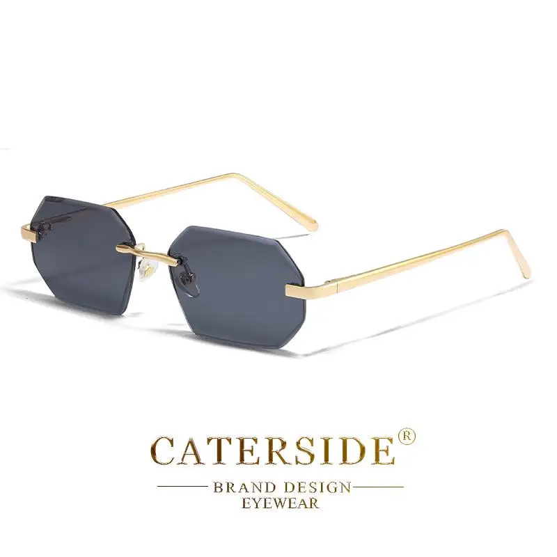CATERSIDE Männer Rahmenlose Sonnenbrille Polygonale Linsen Metall Tempel Retro Personalisierte Design Brillen Festival Geschenk Gläser UV400 – Detail 14