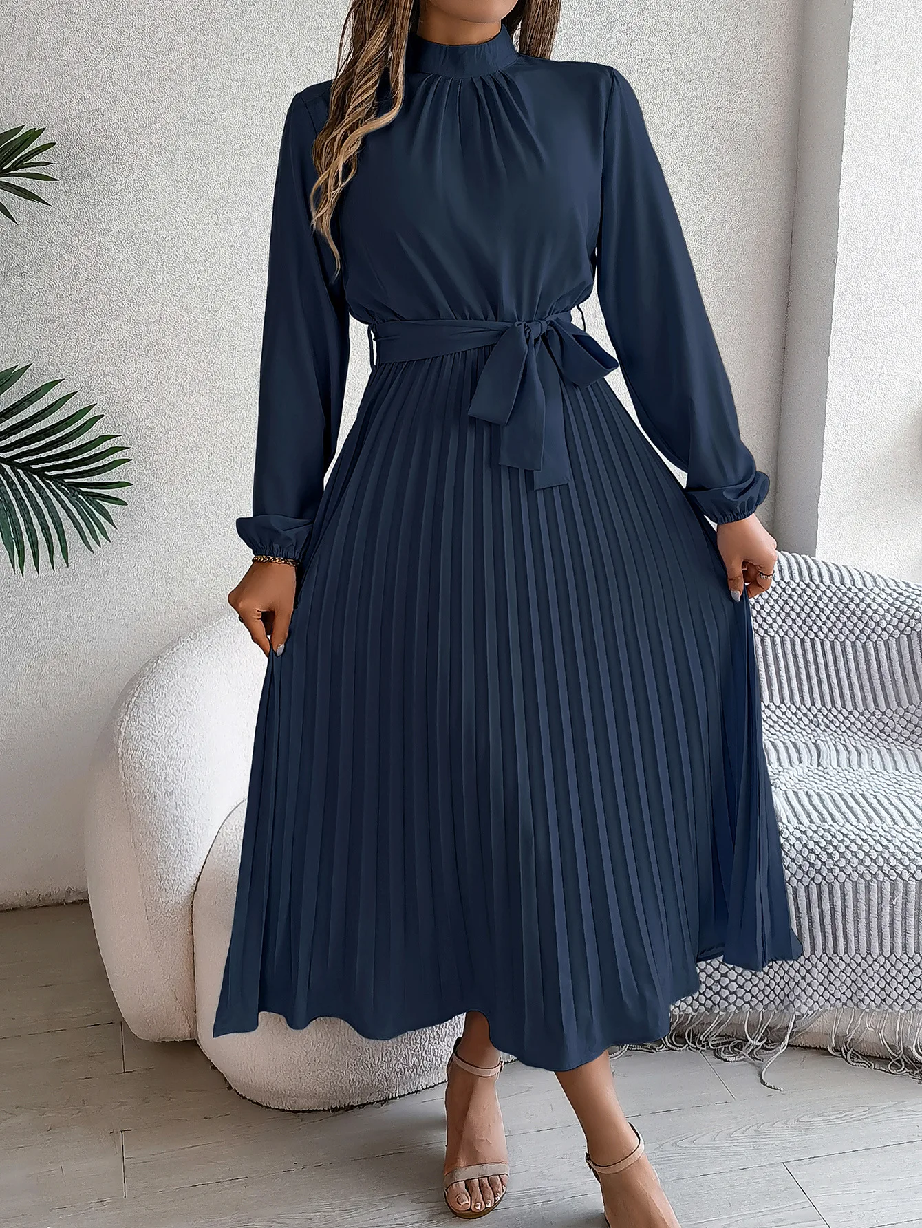 Solid Stand up Collar Bridesmaid Dress Spring Summer Casual Elegant Long Sleeve Waist Cinched Pleated Long Dresses for Women
