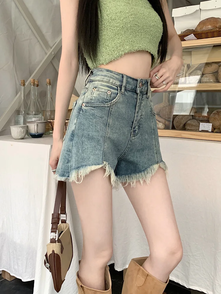 New Women Summer Plus Size Denim Shorts Fashion High Waist A-Line Tassel Shorts Simplicity Casual Hottie Jeans Shorts