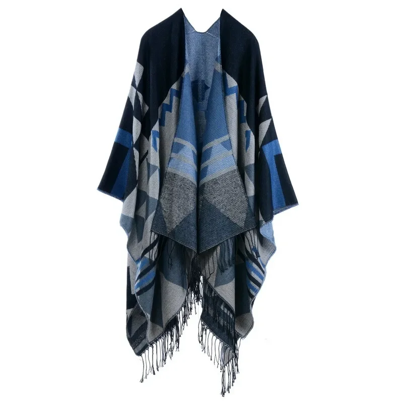 

Autumn Winter Geometric pattern tassel Double sided Split Warm Cape Women Imitation Cashmere Poncho Lady Capes Black Cloaks