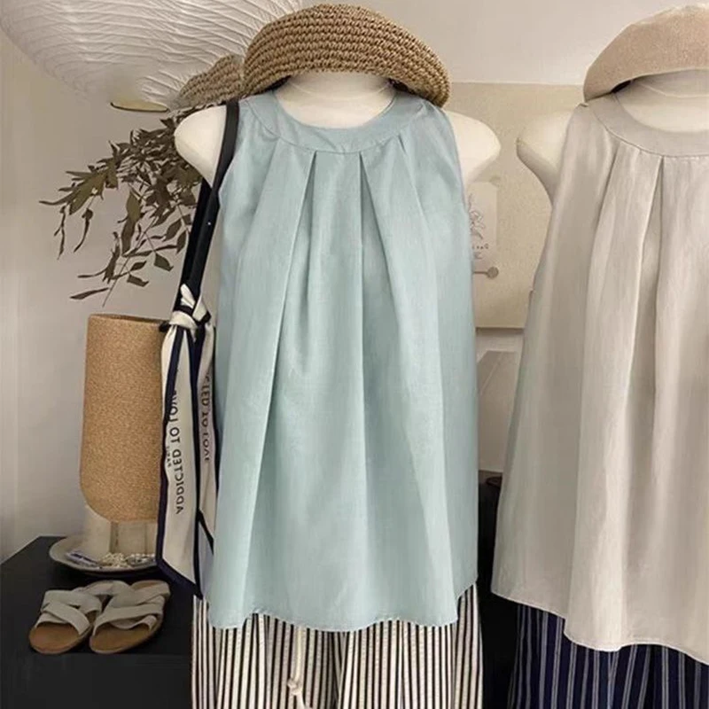 Pink Solid Sleeveless Vest Summer  Youthful Woman Trend Solid Casual T-shirt Sweet O-neck Age reduction Doll Top New In Clothing