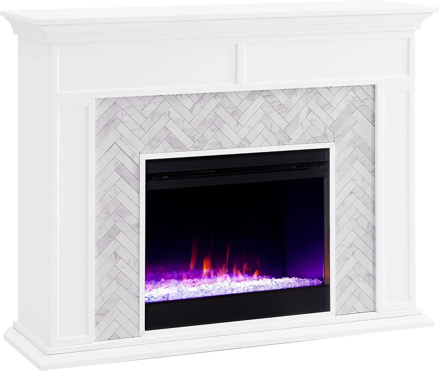 Torlington Indoor Electric Fireplace with Mantel, Color Changing LED Flame, White/Gray Marble 2