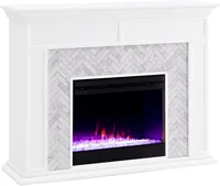 Torlington Indoor Electric Fireplace with Mantel, Color Changing LED Flame, White/Gray Marble 2