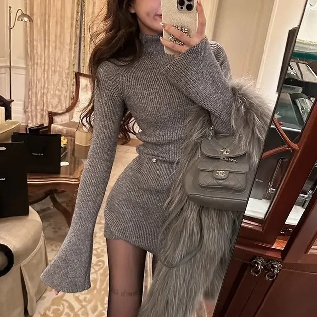 Fashionable Polo/Turtle Neck Knit Dress High-End Feel Petite Inner Bodycon Skirt Women's Autumn/Winter 2024 New Style