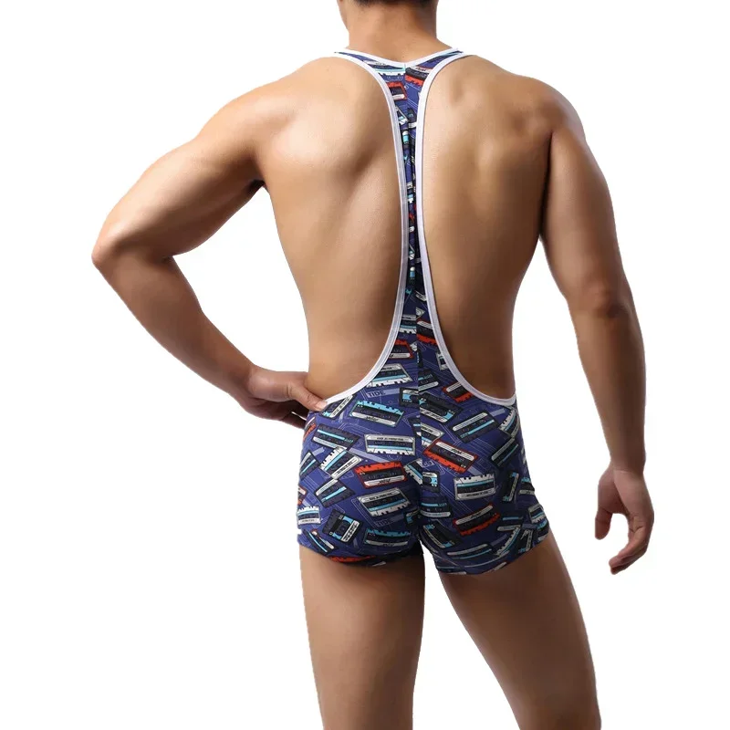 Men Sexy Boxer Shorts Undershirts Jumpsuits Underwear Homme Bodysuit Printed Wrestling Singlet Leotards Penis Pouch Boxer Shorts