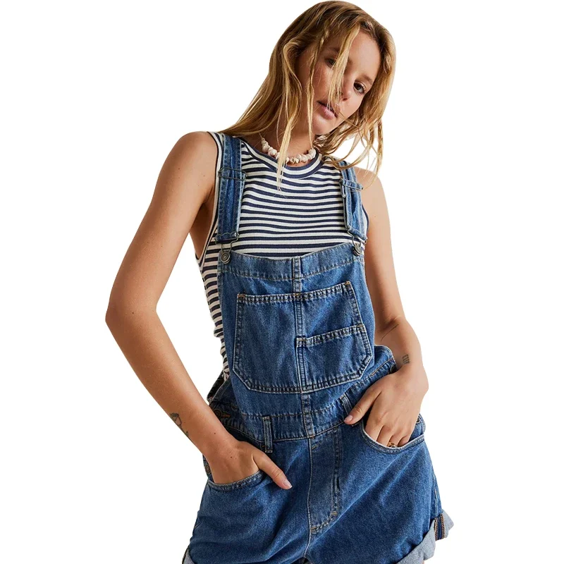 Denim Suspenders Women's Loose Wide-leg Pants 2024 Women's Spring And Autumn Slim Straight Leg Floor-Length Suspender Jeans Blue