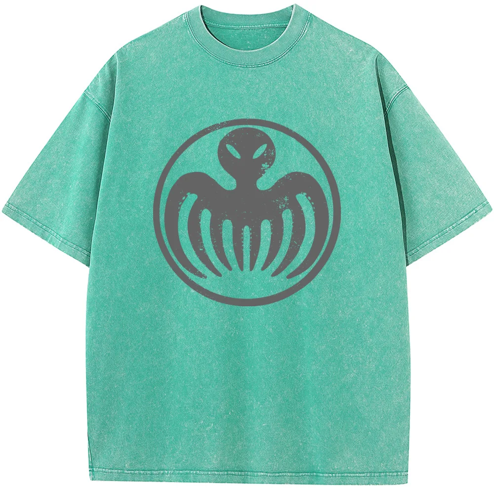 Alien Octopus Boat Men/Women Washed T-Shirt 230g Cotton Funny Loose Bleached Tshirt Retro Fashion Hip Hop Bleach T shirt Tops cool t shirts men funny tshirt family round neck anarchy pig all cotton male tops