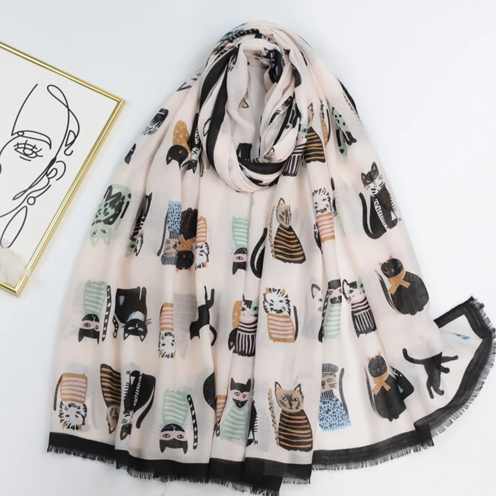 

2023 Newest Women Animal Kitty Cat pattern Scarf Cotton Voile Scarf Shawls