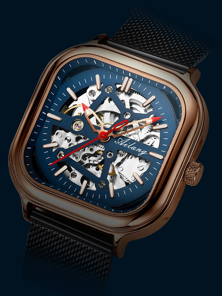 AILANG Top Skelett Quadrat Mechanesch Fir Männer Automatesch Handgelenk Waasserdicht Mesh Gürtel es_voghion.com