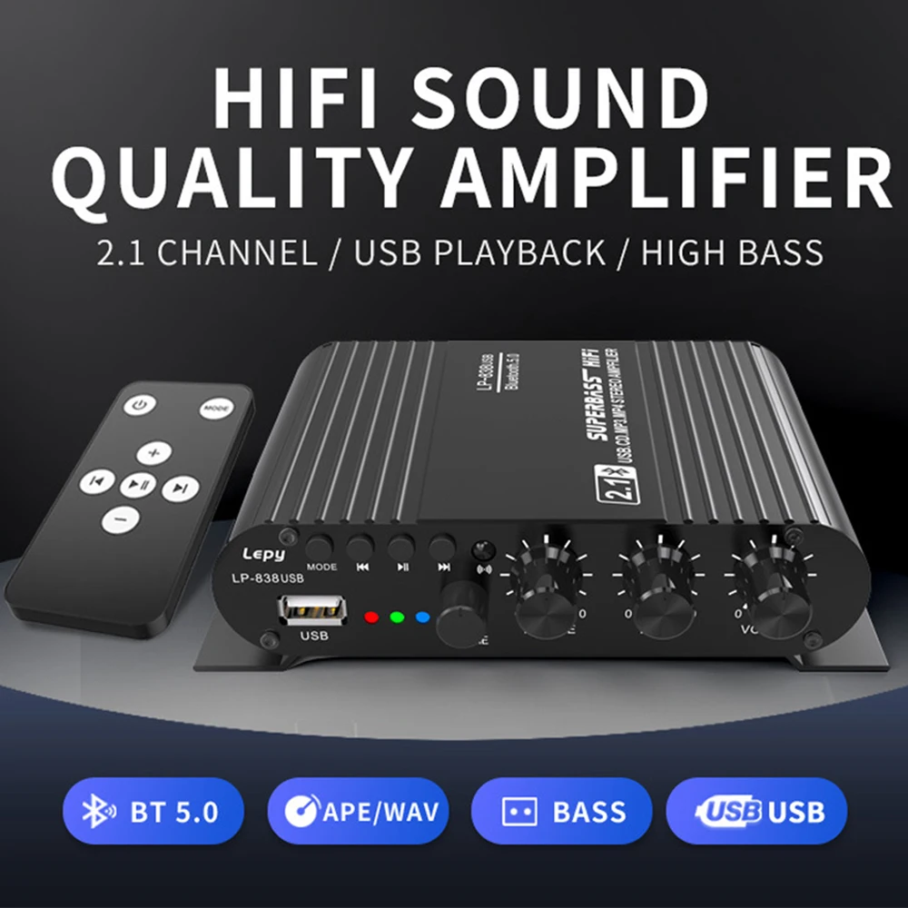 LEPY838 Mini Audio HiFi Bluetooth 5.0 Power Class D Amplifier Tpa3116 Digital Amp 50W*2 Home Audio Car Marine USB/AUX IN audio amplifier