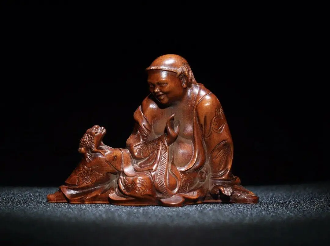 

Decoration Collection China Old Boxwood Hand Carved Jin Chan Liu Hai Statue Gift