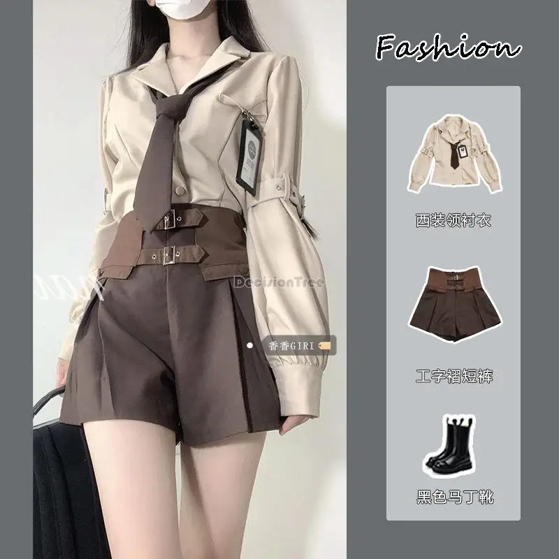 new fashion retro style jk suit uniform set women vintage long sleeve shirt high-waisted shorts two-piece daily jk set s797