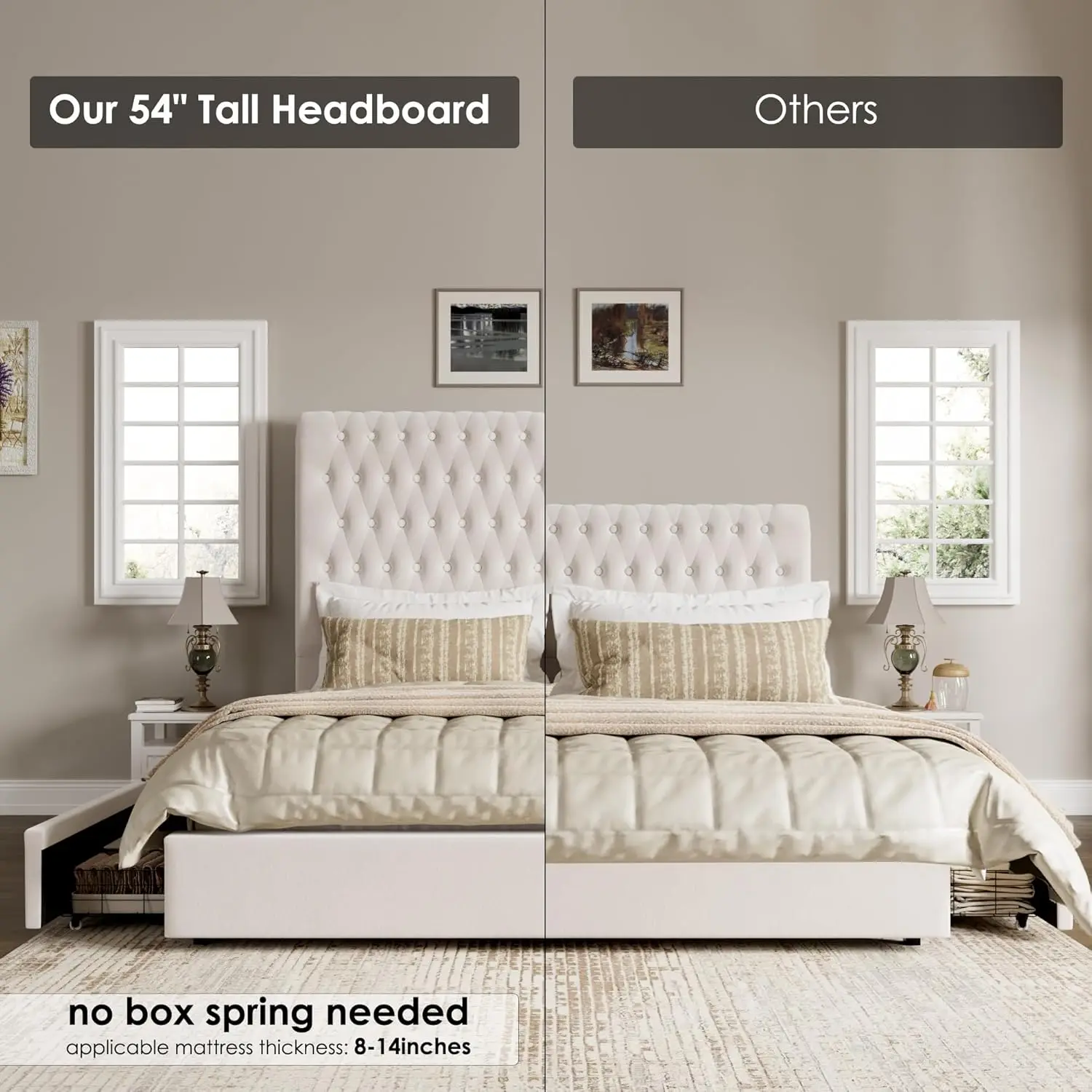 Queen Size Bed Frame 54" Tall Headboard with Gorgeous Button Tufted and Nail, Velvet Fabric Upholstered Bed Frame includes