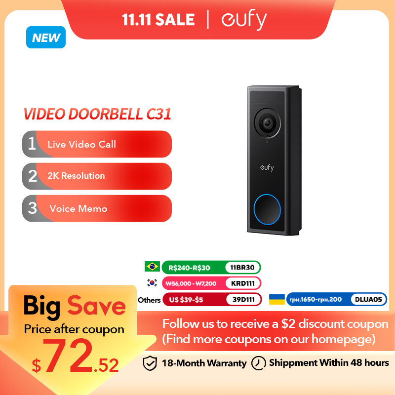 eufy Video Doorbell C31 2K FHD Battery  Hardwire Powered Easy to Install Quick-Release Battery Live Video Call