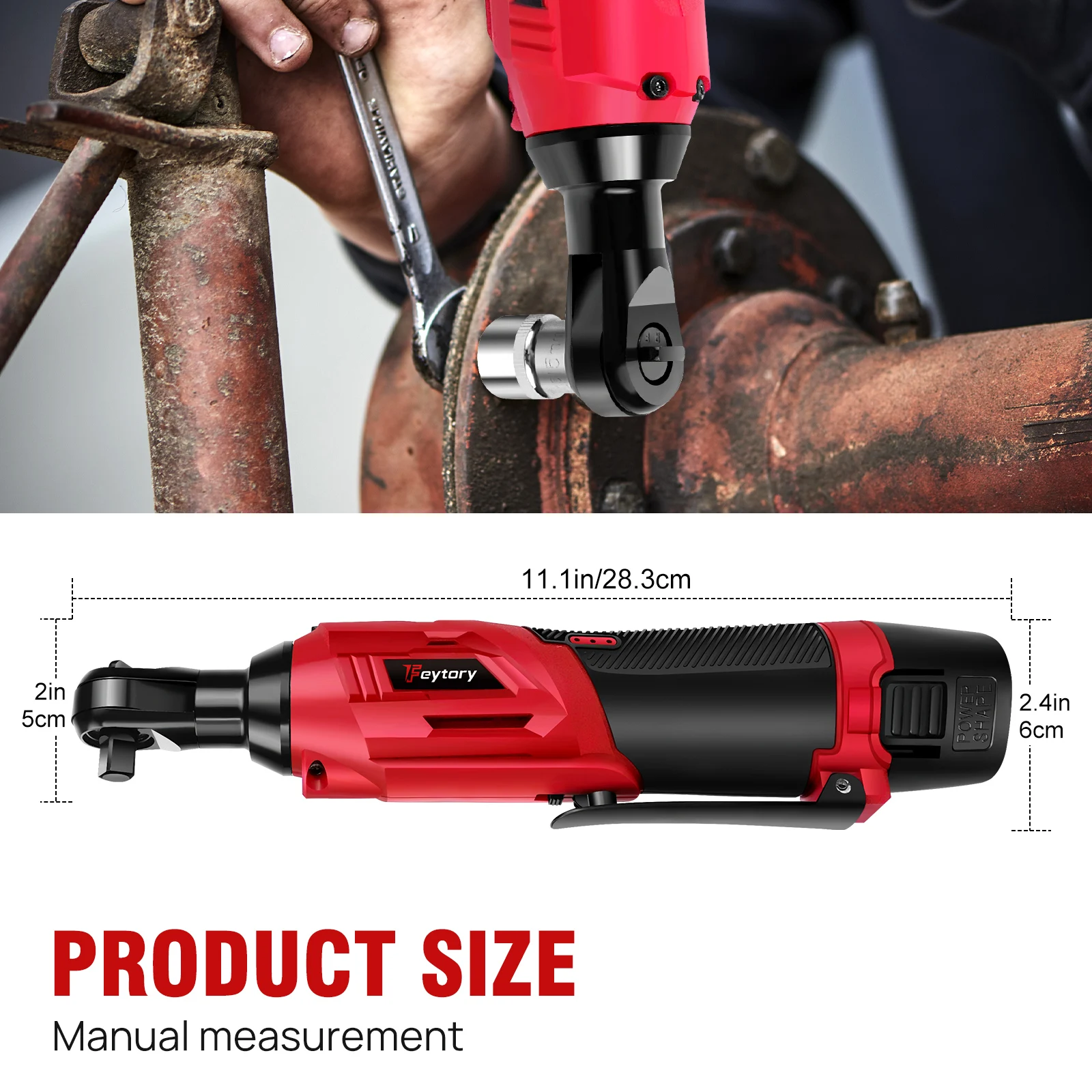 Feytory 200Nm Cordless Ratchet Wrench Set 90° with 2 x 1500mAh Lithium-Ion Batteries, 3/8'' Angle Wrench with 7pcs Sockets Set 2