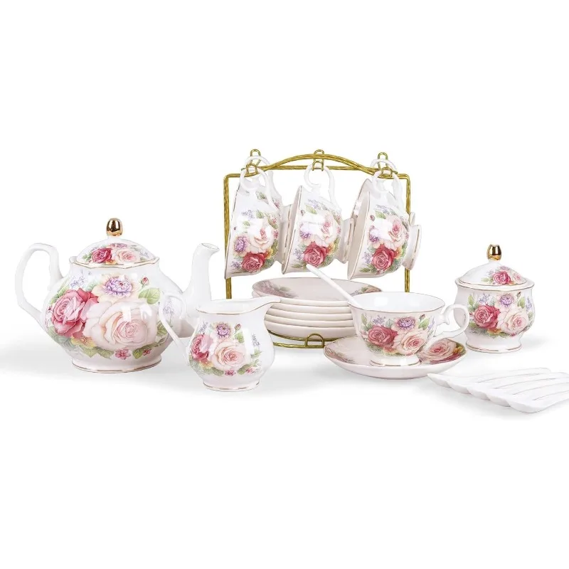 European Porcelain Coffee Set, Bone China Tea Set, Vintage Floral Coffee Tea Pot with Cups