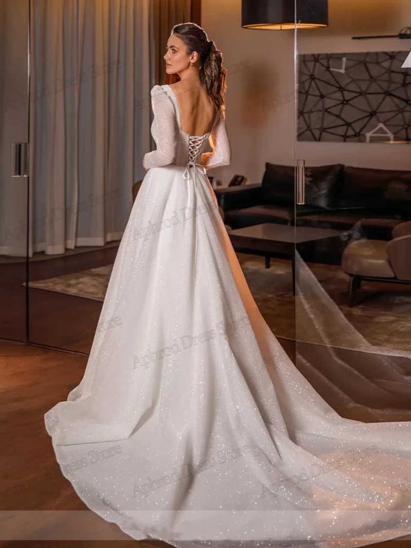 Glitter Wedding Dresses A-Line Bridal Gowns Full Sleeves Robes For Formal Party Square Collar Vestidos De Novia Customized 2025 2