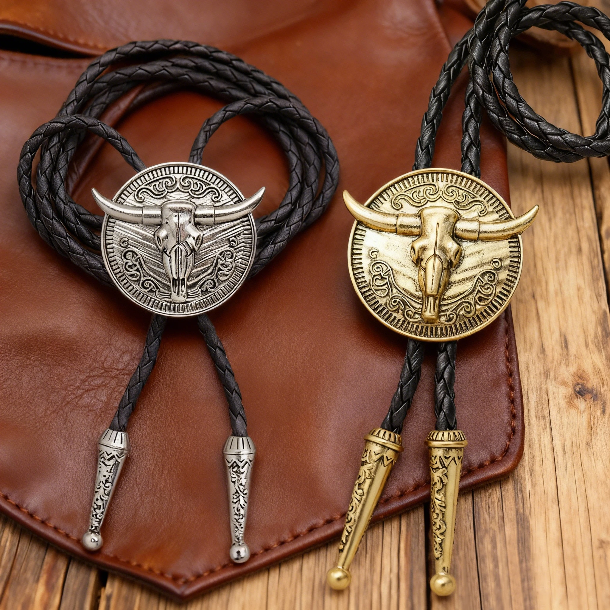 Vintage Bull Head Anhänger Schwarz Leder Seil Krawatte Western Cowboy Bolo Krawatte für Männer Frauen Halskette Zubehör Einstellbar