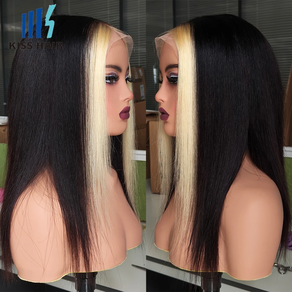 Highlight #613 Skunk Strip Human Hair Wigs Black & Blonde 13*4 Lace Frontal Wig Middle Part Colored Wig Straight Bleached 1B/613