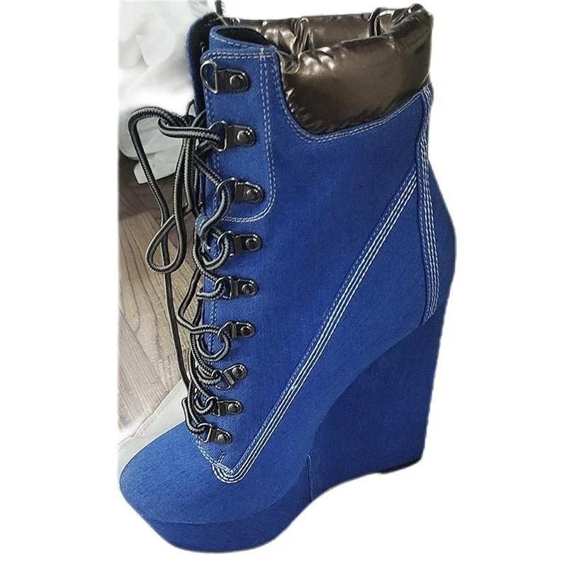 Onlymaker Women Lace-Up Wedges Ankle Boots Platform Black Flock