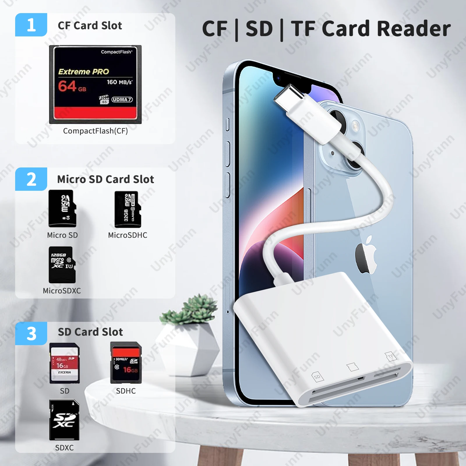3in1 TypeC CF Card Reader CF SD TF Card Adapter for iPhone 15 iPad MacBook Laptop Android Trail Camera Viewer Memory Reader