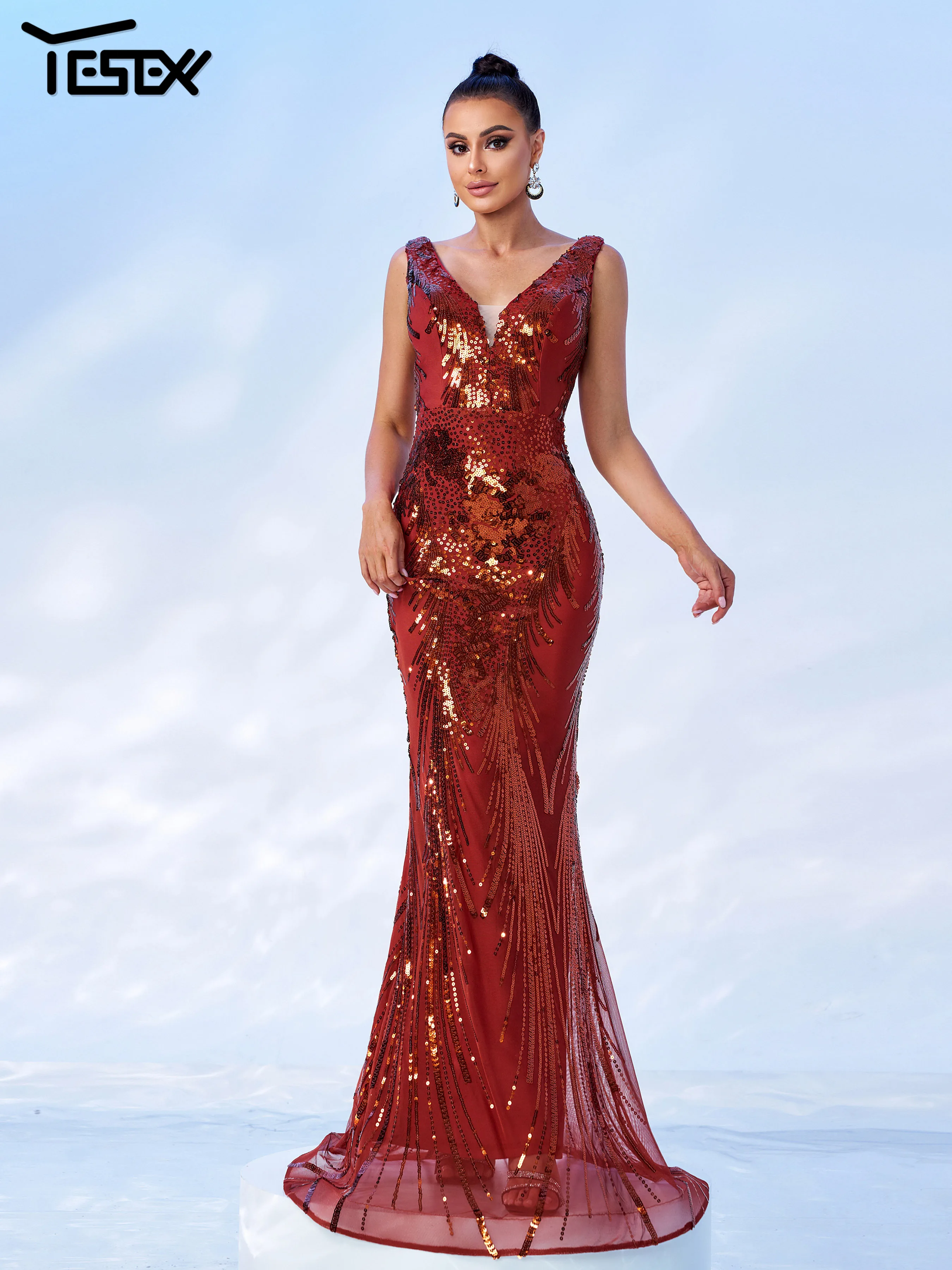 Yesexy-فستان سهرة نسائي بدون أكمام مطرز بالترتر حو...