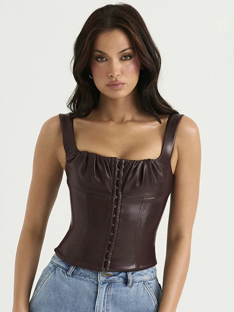 

Кроп-Топ женский из ПУ кожи, элегантный пикантный Топ без рукавов, с открытой спиной, однобортный облегающий Топ