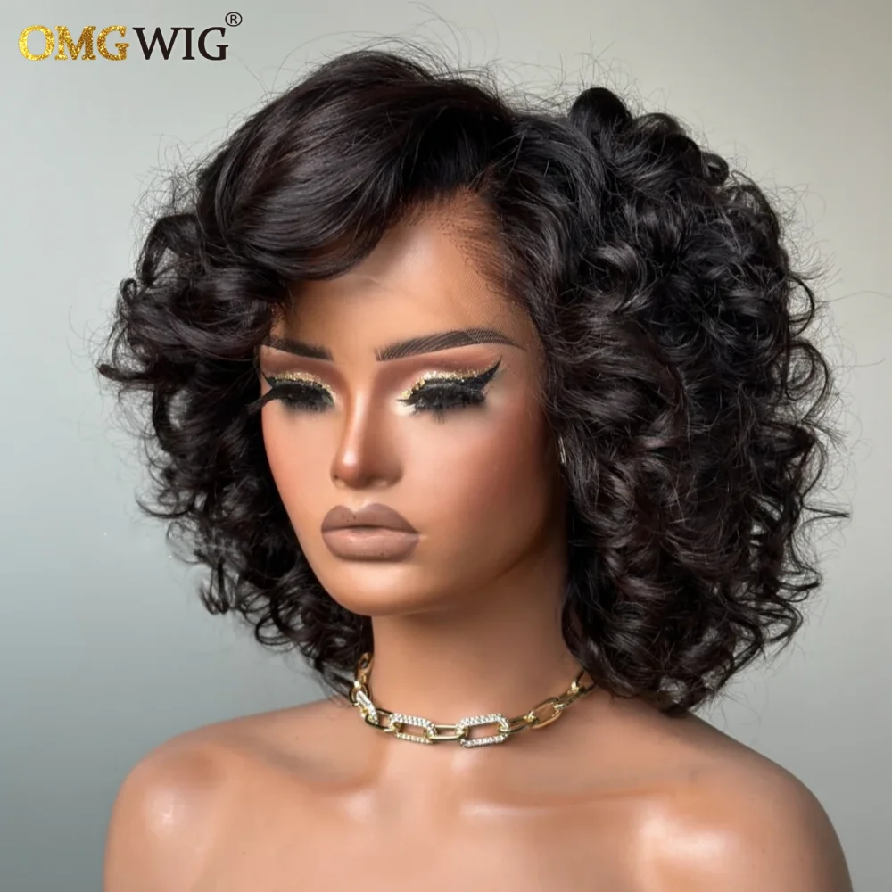 360 Lace Wear & Go Fluffy Rose Curly Wig For Black Women 5x7 Glueless Lace Side Part Short Bob Curly Human Hair Wig Brazilian