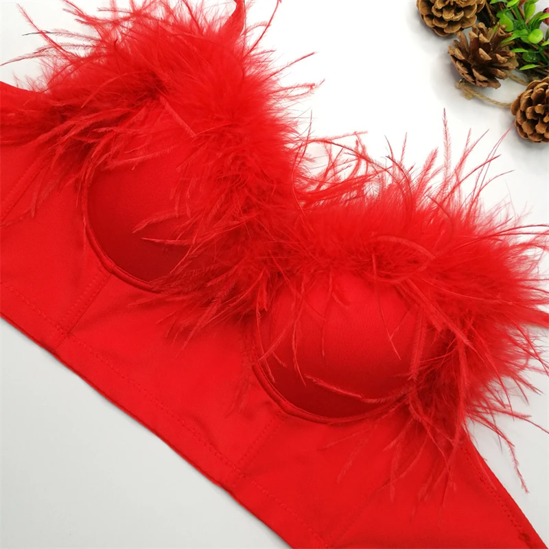 Vintage Feather Crop Tops Sexy Women Camisole Corset Deep-V Bustier Nightclub Party Push Up Bras New Fashion Ladies Tube Top