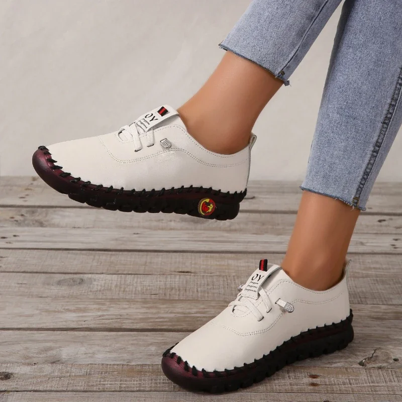 Spring Casual Women Shoes Platform Loafers Lace Up Leather Flats Slip-On Mom Shoe