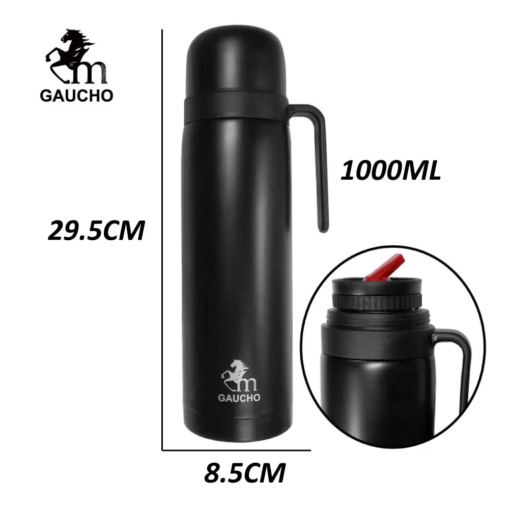 Gaucho Bruno Yerba Mate Cup, Straw, Flask Set - Ceramic Gourd Traditional Shaped Mug, Stainless Steel Bombillaand 1 Litre Bottle with Red Spout - Reusable Home and Travel Drink Kit