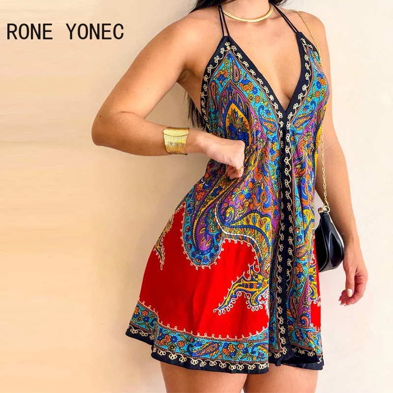 GETADME Women's printed sexy halter mid-length dress 2025 summer office minimalist ladylike style