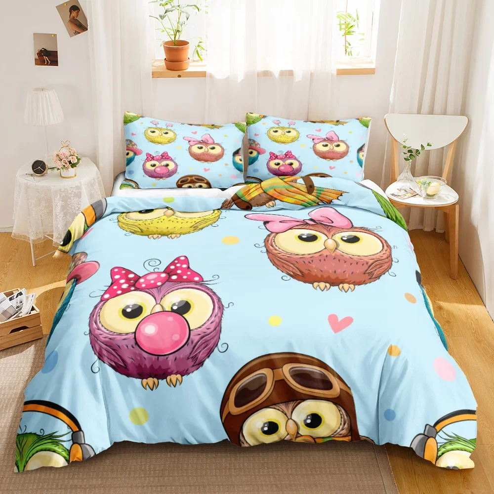 Owl Duvet Cover Set Cartoon Comforter Cover Happy Birthday Theme Bedding Set Cute Bird Polyester Quilt Cover Twin Size for Kids images - 6