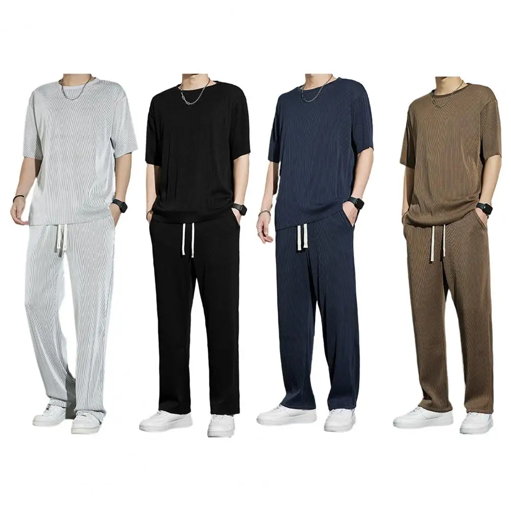 

1 Set Men Summer T-shirt Pants O Neck Short Sleeves Top Drawstring Trousers Two-piece Set Loose Casual Wear Men Tracksuit