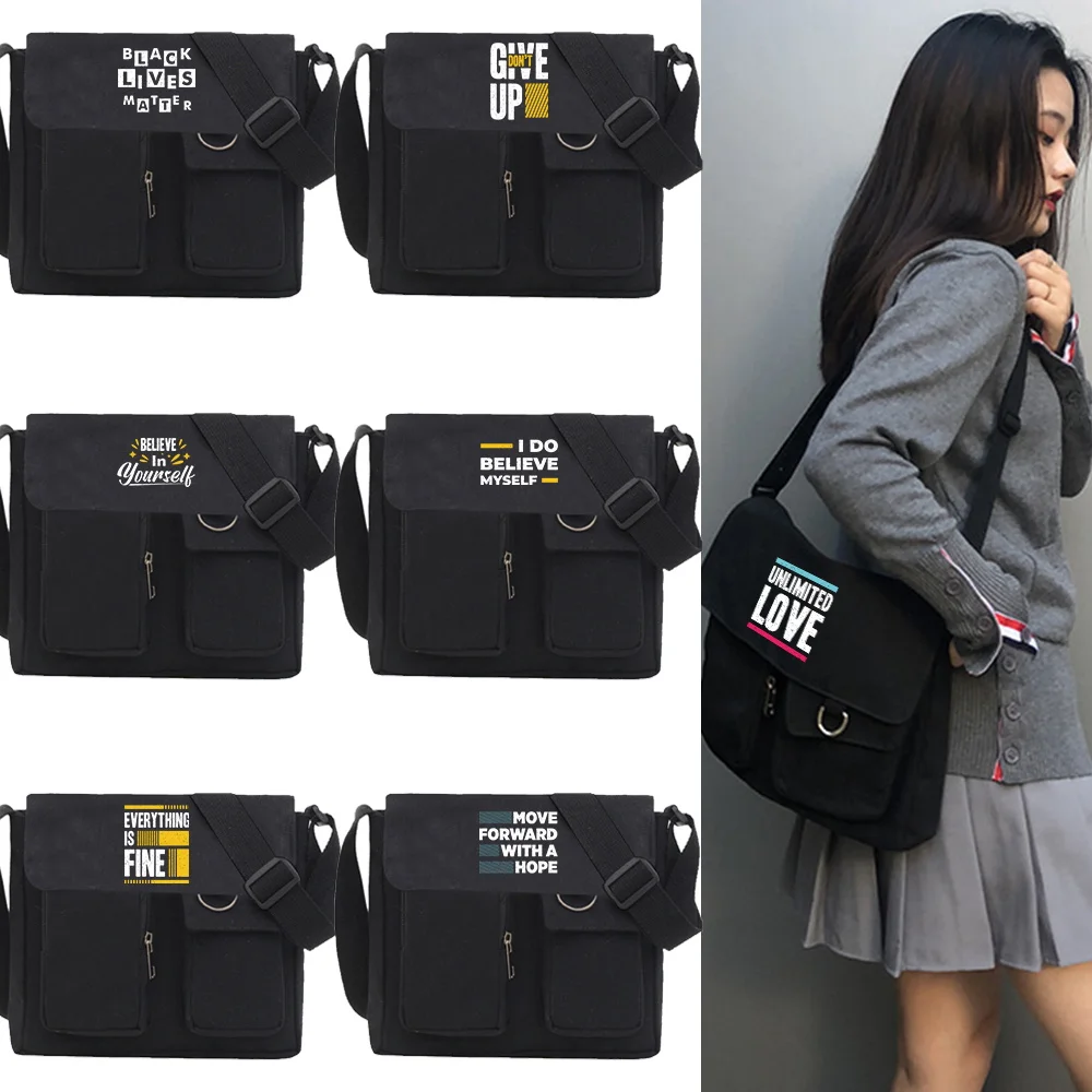 Phrase Printed Canvas Bags Women Handbag Shoulder Bag Large Capacity Solid Color Totes Shopper Bags Casual Female Cross Body Bag