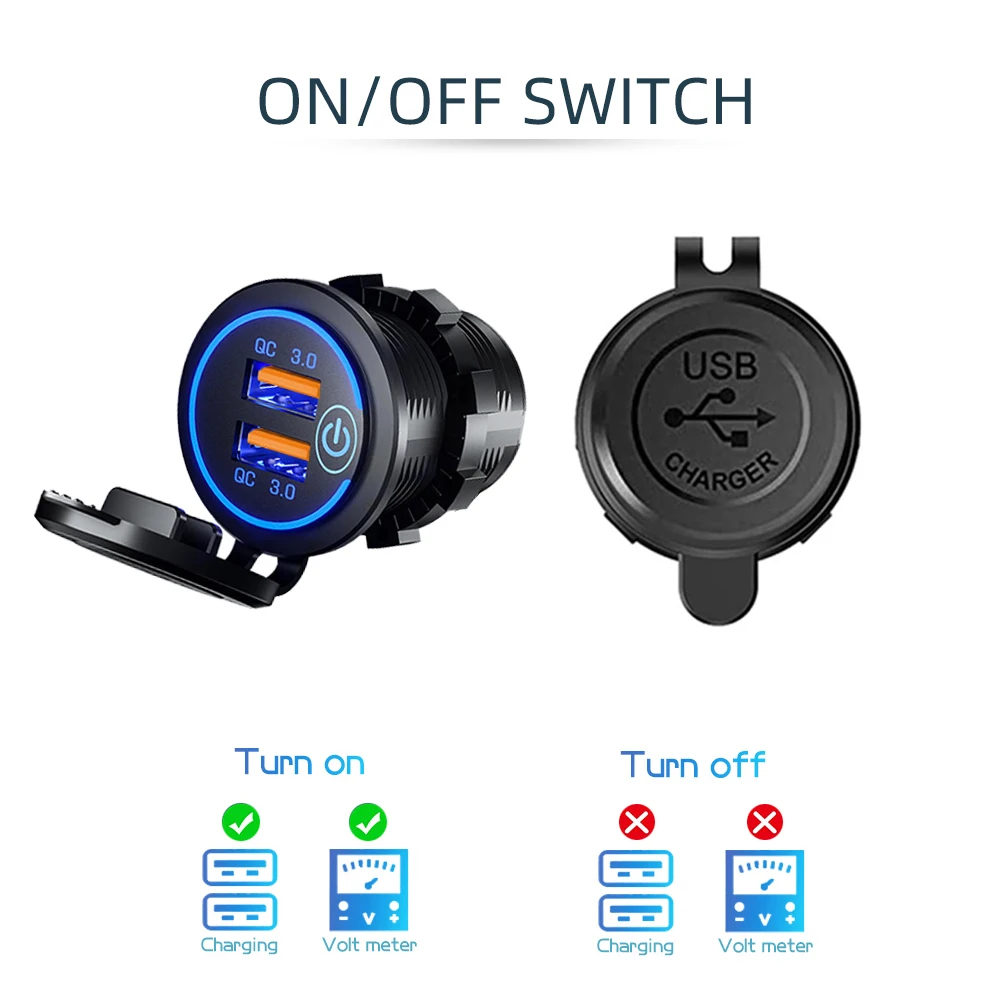 Car Charger Car Phone Charger Quick Charge 3.0 Dual USB Fast Car Charger Waterproof 12V/24V QC3.0 Power Outlet with Touch Switch&Led Light