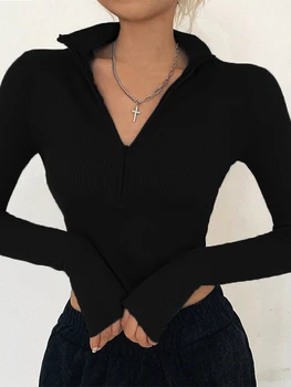 solid color casual T-shirt women long sleeves turtleneck crop tops sexy simple style party club 2022 spring summer new 1