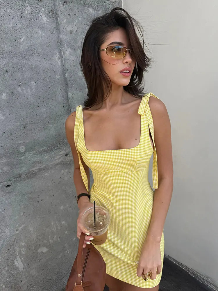 HH Women Yellow Plaid Mini Dress Bow Strap Backless Sleeveless Dresses Summer Back Zipper Slim Holiday Dress Vestidos