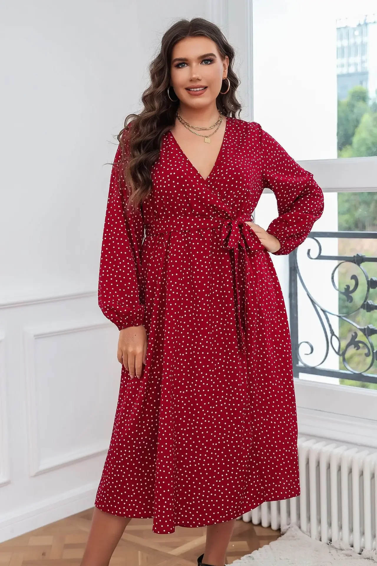 Plus Size Wrap V Neck Dresses Dotted Print Long Sleeves Boho Spring Fall A Line Swing Maxi Dress