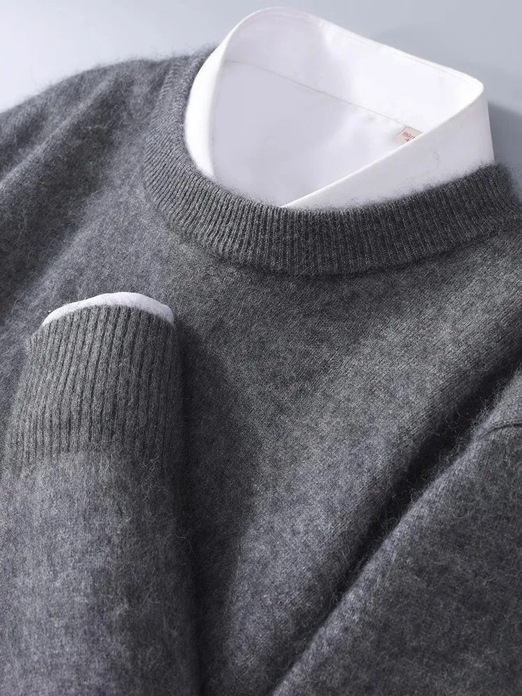 Men's mink cashmere sweater crewneck loose solid color cashmere undercoat youth business knit undercoat sweater