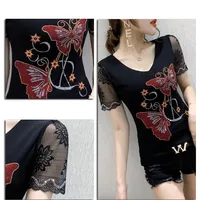 Haut de gamme mode d'été vêtements coréens T-shirt Chic papillon diamants maille haut pour femme Sexy creux à manches courtes tout Match t-shirts 5