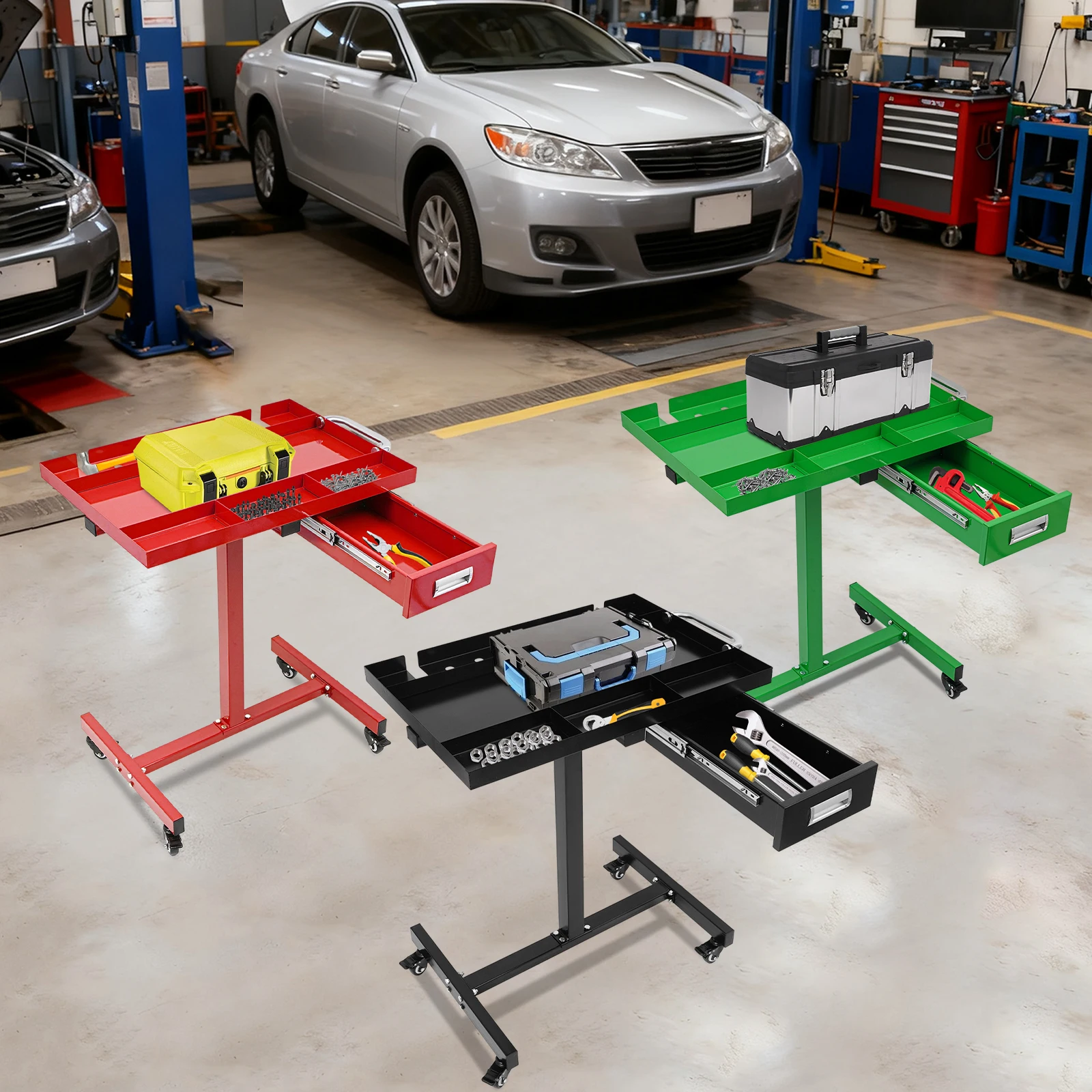 Beweglicher Arbeitstisch mit Schublade 100kg Tragfähigkeit Edelstahl-Oberfläche Rollender Werkzeugwagen für Garage Werkstatt Reparaturwerkstatt