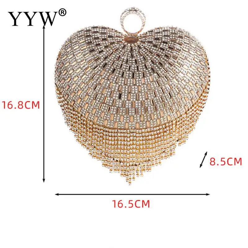 Luxury Bling Rhinestone Evening Handbag Women Love Heart Shape Diamond Ring Clutch Bag with Tassel Metal Chain Lady Party Purse